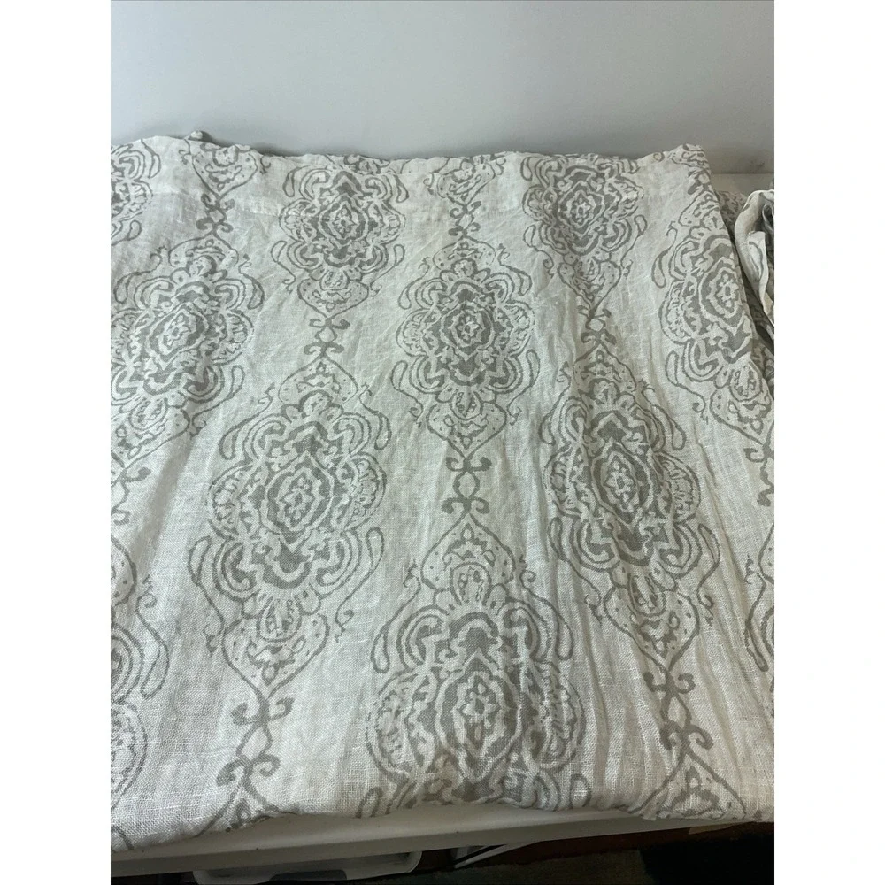 2 Pottery Barn Linen Sheer Curtain Panels White Grey Damask paisley 50